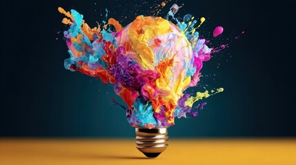 Lightbulb eureka moment with impactful and inspiring artistic colourful explosion of paint energy, ideal for creative projects