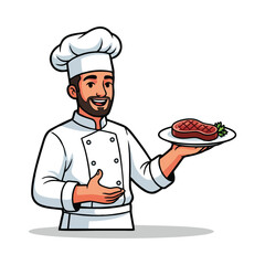 Cartoon chef presenting a delicious steak on a plate with a welcoming gesture