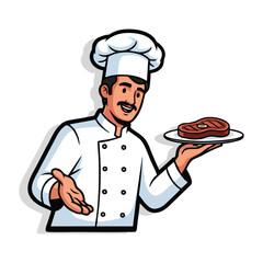 Cartoon chef presenting a delicious steak on a plate with a welcoming gesture