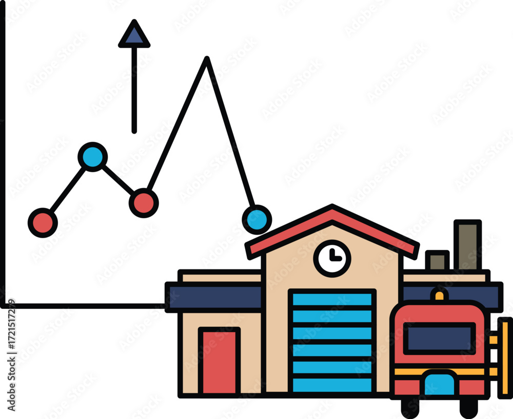 Poster a graph with a line going up and a house with a clock on it