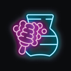 Fototapeta premium Neon sign of a honey dipper dripping honey into a jar, on a black background