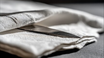 Close-Up of Knife Resting on Folded Linen Napkin on Dark Surface
