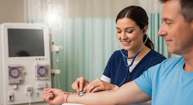 Smiling nurse checking patient's arm during dialysis treatment in hospital to monitor health and provide care,medical concept