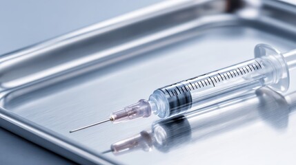 Close-up of Medical Syringe on Stainless Steel Tray Surface