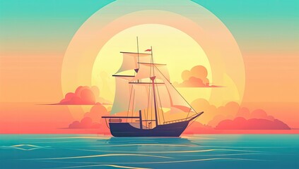 A sailing ship glides across tranquil waters at sunset, bathed in warm, pastel hues. The sun, a large orb, dominates the sky, casting a serene glow