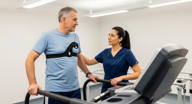 Healthcare professional assists a patient during a cardiac stress test on a treadmill to monitor heart health, ensuring patient safety, and analyzing performance