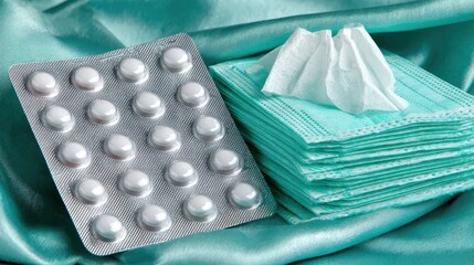 Close-Up of Medicine Blister Pack and Facial Tissue on Silk Fabric
