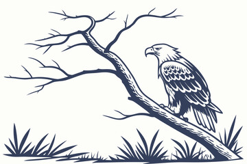 Detailed Hand-Drawn Bald Eagle and Tree Illustration