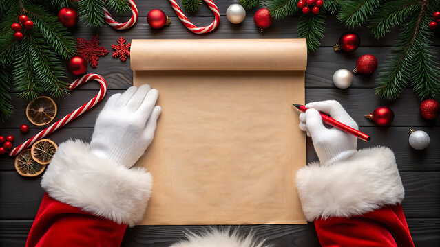 Santa claus hands writing on a scroll with christmas decorations candy canes and pine branches on a wooden table