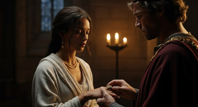 King David gives Bathsheba a ring in a somber, candlelit chamber. A biblical scene of consequence, marriage, and a fateful union.