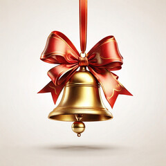 Shiny Golden Christmas Bell with Red Ribbon on White Background