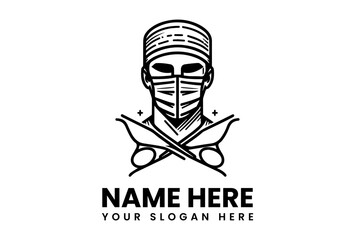 Surgeon Logo Design Masked Figure with Crossed Scissors.