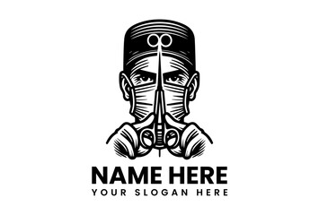 Surgeon with Mask and Cap Holding Surgical Scissors in a Striking Black and White Graphic.