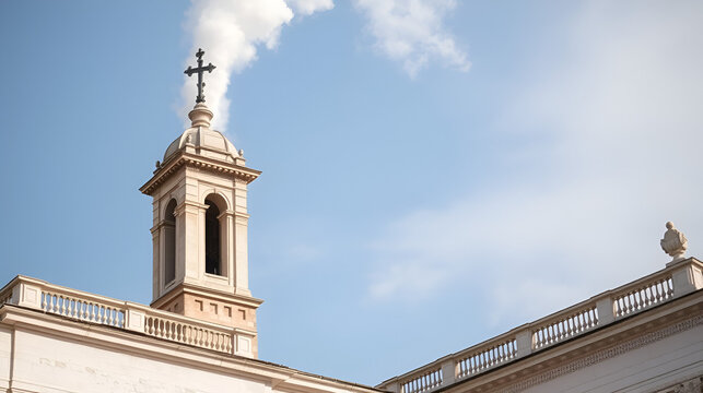 White smoke rises from the chapel chimney, indicating the successful election of a new pope during the papal conclave.