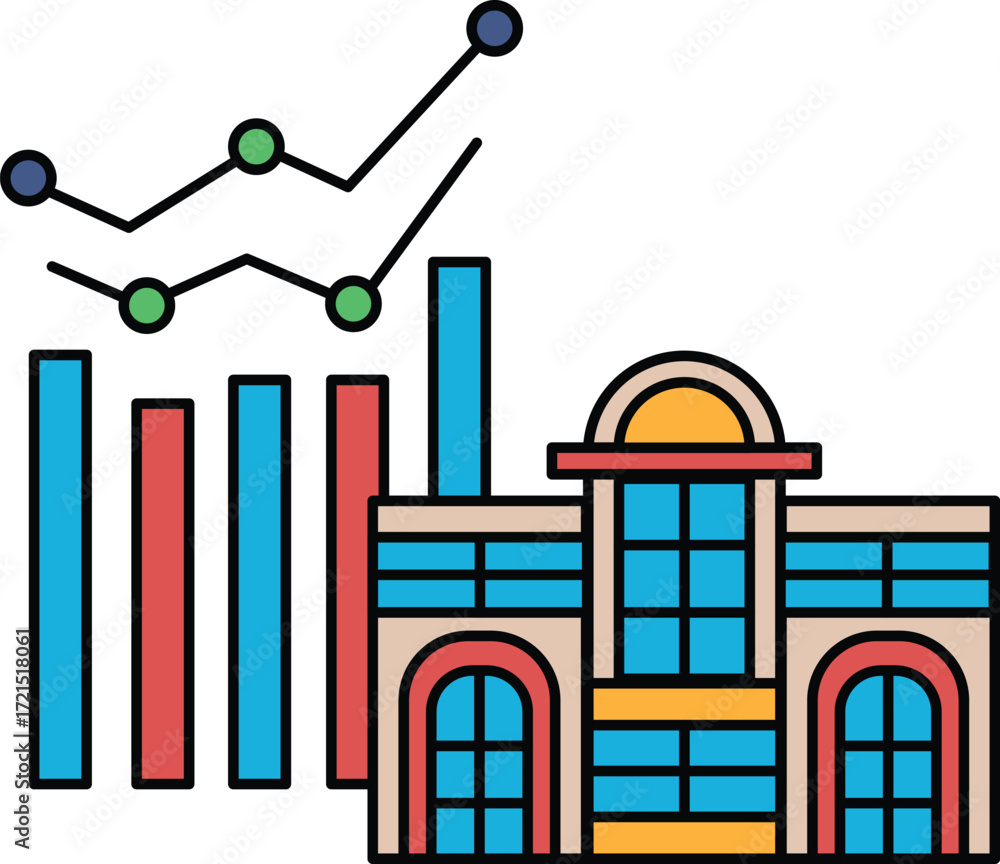 Poster a building with a line graph above it
