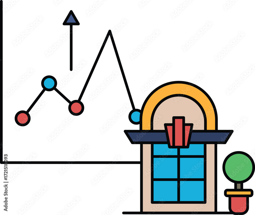Poster a graph with a line going up and a building with a clock on it
