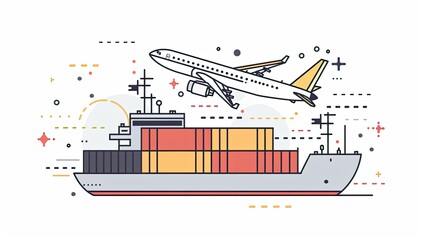 A stylized illustration depicts a cargo ship with containers and an airplane taking off, symbolizing global trade and transportation