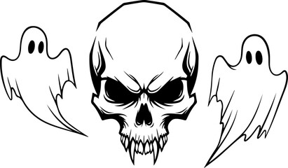 Skull with Ghosts and Flying Bats Halloween Vector