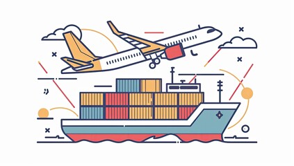 A cargo ship and airplane are depicted in a minimalist line art style, symbolizing global trade and transportation.  The ship carries multiple colorful containers, while the plane ascends
