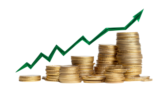 Stacks of coins with a green arrow on transparent background