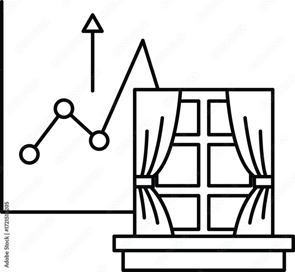 Poster a graph is shown with a line going up and a window with curtains