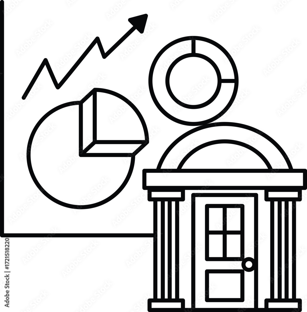 Poster a building with a door and a window and a graph with a line going up