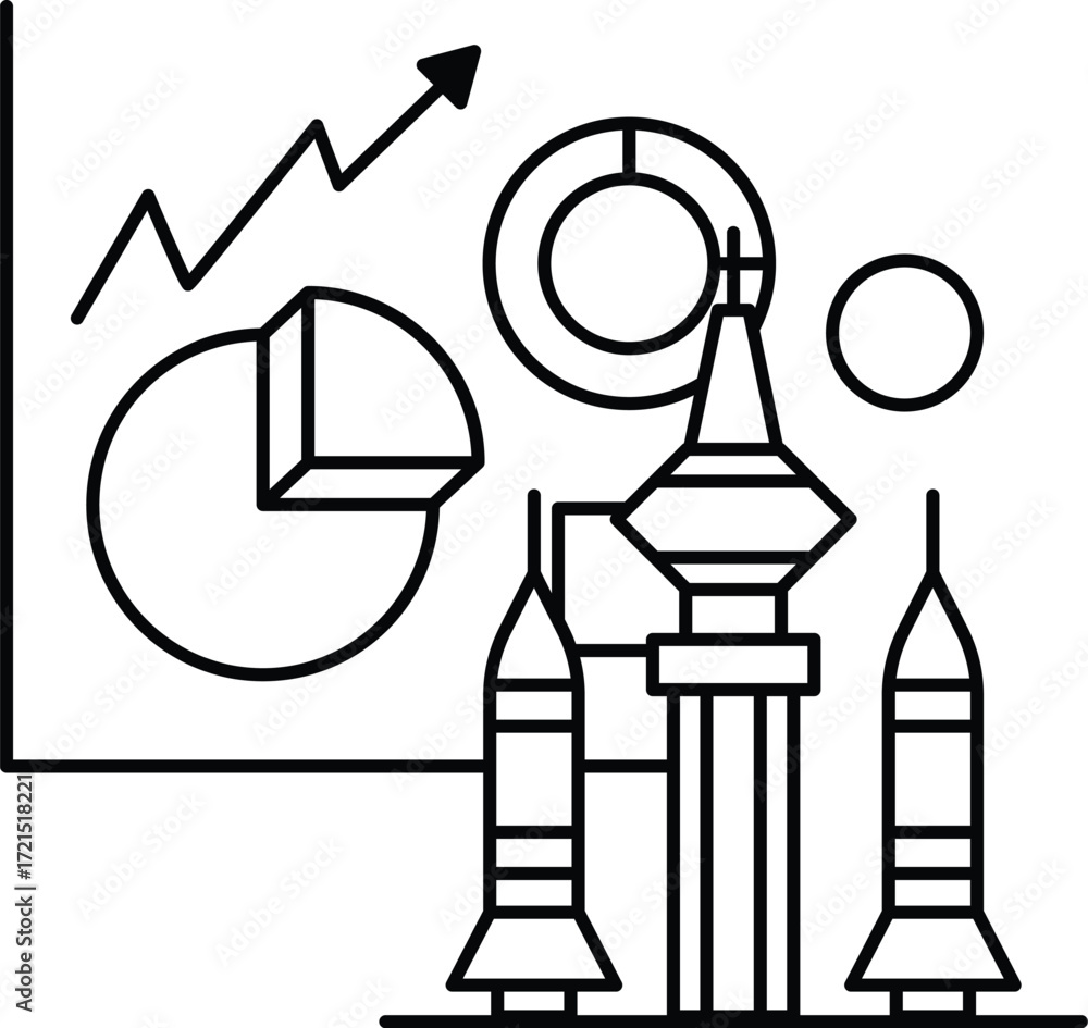 Poster a black and white drawing of a rocket launch with a graph showing a rising line