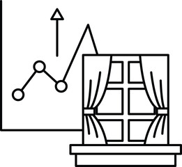 A graph is shown with a line going up and a window with curtains