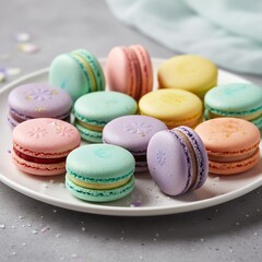 Obraz premium Elegant Pastel French Macarons with Floral Details on a Plate.