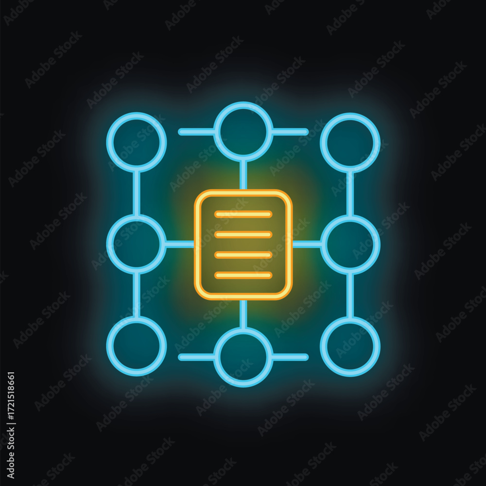 Aufkleber neon document management system icon glowing on dark background representing concept of easy documen
