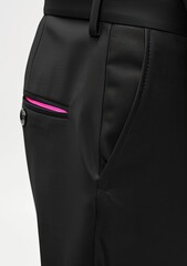 Close-up of black pants showcasing a side pocket with a vibrant pink interior detail.  The fabric appears smooth and sleek