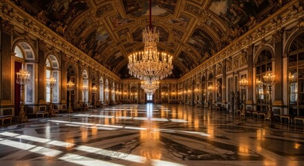 Elegant Grand Ballroom with Chandeliers and Ornate Decor in Luxurious Historic Palace