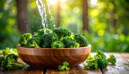 wet green small broccoli in the wooden bowl