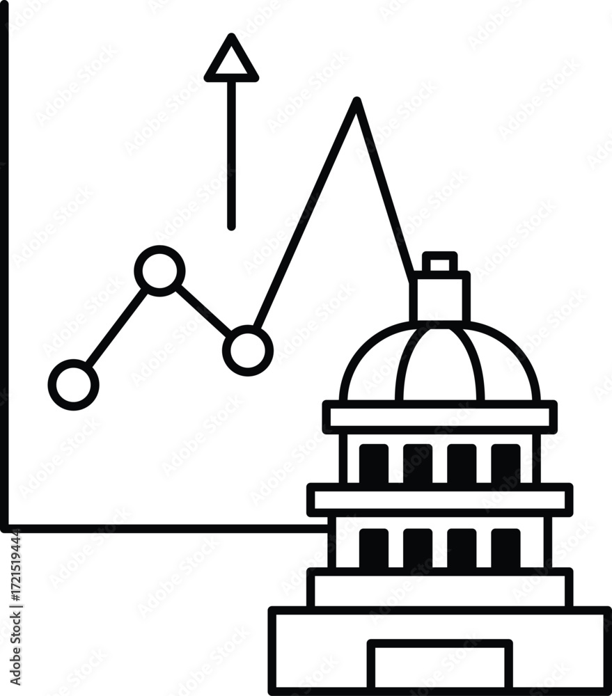 Poster a graph with a line going up and a building in the background