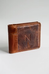 A tan leather wallet with a subtle embossed design and stitching detail sits on a light gray background.  The wallet is compact and appears to be made of high-quality leather