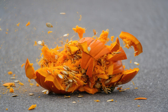 Smashed Pumpkin Texture on Asphalt with Scattered Seeds