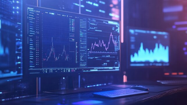 Illuminated Trading Desk with Charts and Screens in a Dark Room