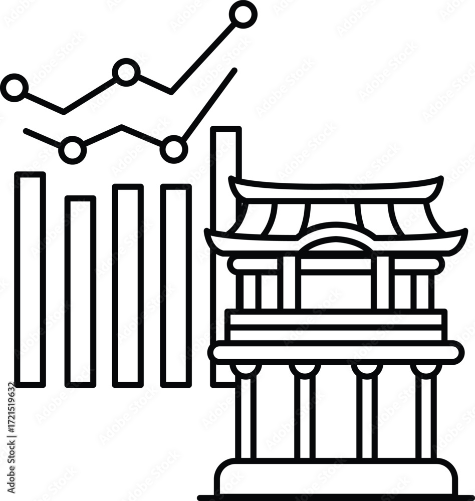 Poster a line drawing of a building with a line graph in the background