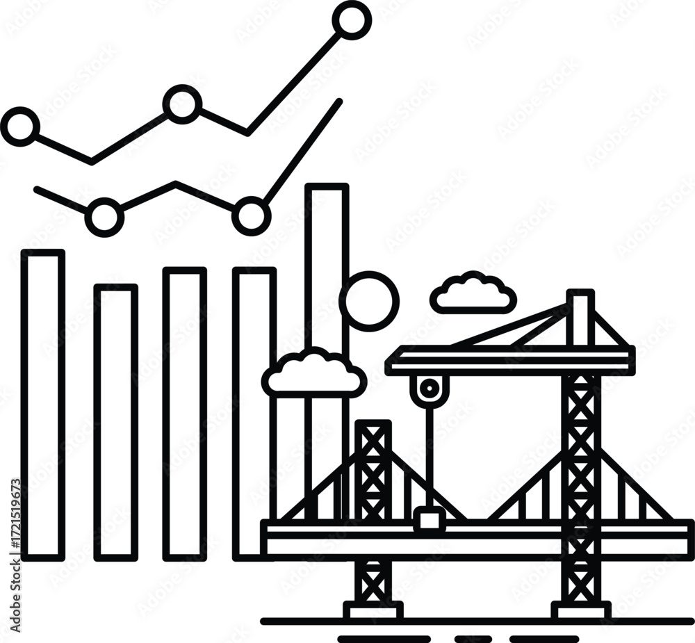 Poster a graph with a line going down and a bridge in the background