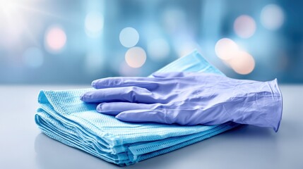 Close-Up of Purple Medical Gloves on Stack of Blue Cleaning Cloths