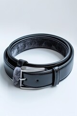 A neatly coiled black leather belt with a silver buckle rests on a plain white background.  The belt shows subtle sheen and appears high quality