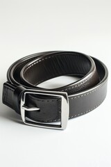 A dark brown leather belt with a silver buckle, neatly coiled on a white background.  The belt shows subtle stitching detail