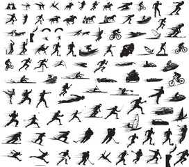 Fototapeta premium sports athletes silhouette set with motion lines, speed effect, energetic pose. vector illustration 