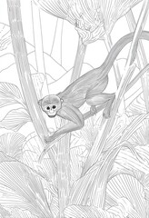 Detailed black and white line drawing of a monkey in a lush jungle setting.