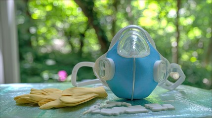 Close-Up of Safety Mask with Gloves and Accessories in Outdoor Setting