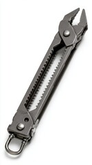 Close up view of a small, silver multi tool pliers with a textured surface, isolated on a white background.