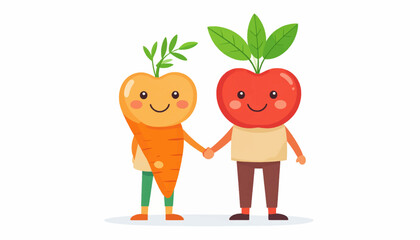 Fototapeta premium Adorable Carrot and Apple Characters Holding Hands