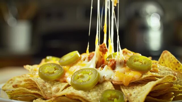 A mouthwatering shot of hot nachos with melted cheese and jalape&ntilde;os being lifted, showcasing the gooey, cheesy strings stretching from the chips, making them look deliciously tempting and irresistible