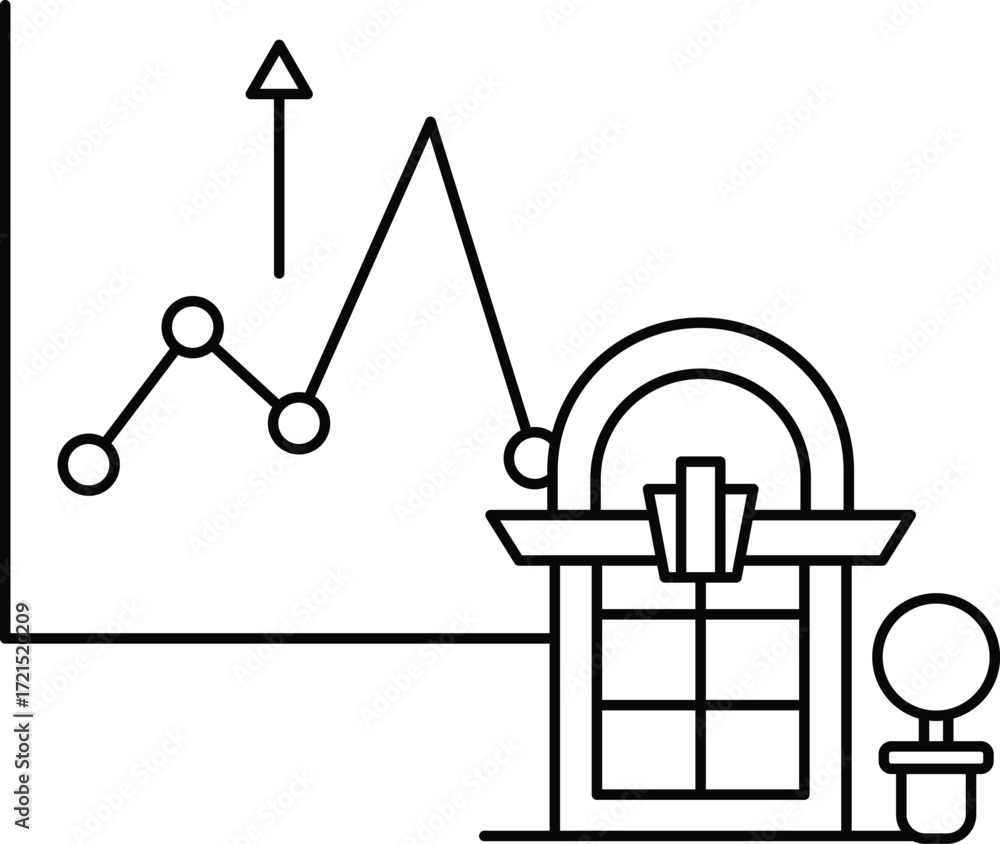 Poster a graph with a line going up and a building with a clock on it
