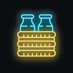 Neon glowing icon of milk bottles in a crate, concept of dairy production or delivery service